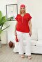 Plus Size Red Blouse with Zipper Detail and Ornamental Pockets - 2