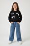 Black Stone Bow Patterned Badili Jean Pants Girls' Top and Bottom Set 24156