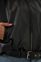 Women's Shirt Collar Belted Leather Look Black Jacket - 6