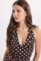 Women's Standard Fit Regular Cut Sleeveless Halter Neck Halter Tie Polka Dot Brown Blouse - 7