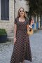 Buketli̇ Women's Square Collar Large Polka Dot Belted Slit Short Sleeve Combed Cotton Long Dress