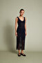 Ajurlu V-Neck Long Knitted Dress Navy Blue