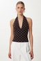 Polka Dot Patterned Crop Tulle Blouse Lfw0023 Brown