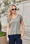 Women's Stretchy Silky Textured Modal Fabric V-Neck Off-Shoulder Blouse-Khaki - 4