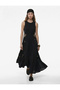 Linen Viscose Blended Sleeveless Crew Neck Windowpane Detailed Beaded Tassel Long Dress - 2