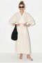 Women's Cream Double-Breasted Tie-Down Blouse with Gipe Detailed Lined Skirt Muslin Cotton Set 1059 60286286 - 2