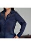 Navy Blue Off-Shoulder Lace Embroidered Shiny Chiffon Shirt - 5