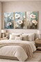 Ice Blue Toned White Flower Glass Painting Set of 3 with Gold Metal Frame for Home and Office - 2