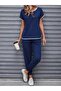 Women's Short Sleeve Round Neck Stripe Detailed Viscose Two-Thread Blouse and Trousers Two-Piece Set