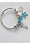 Steel Bracelet with Crowned Heart, Blue Starfish, White Seahorse and Blue Beads, with Many Charms - 6