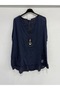 Navy Blue Italian Plus Size Asymmetrical Cut Long Blouse Tunic with Necklace 42 - 52 Size