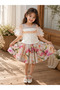 Girl's Stylish Summer Set with Powder Tulle Sleeves Blouse and Floral Print Skirt