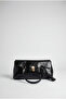 Women's Black Vintage Buckle Shiny Textured Faux Leather Rectangular Shoulder Bag 2682 Cnt0009