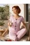 Lilac Floral Patterned Boat Neck Buttonless Twill Fabric Bow Detail Cotton Short Sleeve Pajama Set - 2