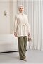 Stoned Buttoned Bow Baby Collar Imported Crepe Tunic -Beige - 5