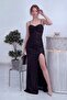 Women's Sequin Draped Slit Adjustable Strap Evening Dress Woven Navy Blue, Black, Indigo - 3
