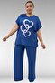 67803 Large Size Combed Cotton Pajama Set with Side Slits - Indigo
