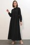 Women's Shirt Collar, Gathered Waist, Balloon Sleeves, Buttoned Black Hijab Dress - 4
