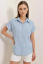 Women's Oversize Short Sleeve Striped Viscose Blue Shirt - 3