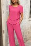 New Season Women's Short Sleeve Boat Neck Asymmetrical Detailed Front Short Sandy Blouse and Trousers Two-Piece Set - 3