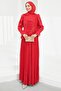Red Front Gathered Pleated Evening Dress - 3