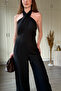 Halter Neck Linen Black Jumpsuit with Chest Detail - 3