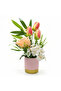 Zeem Artificial Flower Arrangement | Pink Tulips, Peach Rose & White Orchids in Pink Ribbed Vase | 30 cm