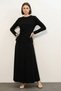 Women's Round Neck Gathered Waist Black Double Set with Scarf - 5