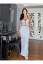 Navy Blue Striped Long Dress with Straps - 3