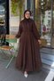 Women's Collar Tie Tulle Fabric Detail Waist Tie Dress Brown - 14
