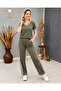 Women's Short Sleeve V-Neck Viscose Two Thread Blouse and Trousers Two-Piece Set - 3