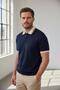 Interview Zippered Polo Collar Rayon Thin Knitwear Navy Blue-White T-Shirt - 2