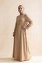 Beige Color Women's 100% Cotton Muslin Fabric Waist-Tied Drawstring Buttoned High Collar Long Hijab Dress Anti-Sweat Summer Wear - 3