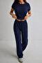 Women's Bubble Fabric Casual Stylish Blouse Wide Leg Pants Two-Piece Set - 2