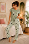 Women's Panda Patterned Short Sleeve Pajama Set Mint Green Comfortable Home Wear - 2