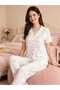 Pink Floral White Color Shirt Collar Buttoned Short Sleeve Milan Fabric Women's Pajama Set - 2