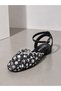 Women's Black Floral Patterned Wavy Toe Adjustable Buckle Ankle Band Round Toe Ballerinas - 4