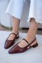 Noir Buckle Detail Women's Burgundy Ballet Flats - 4