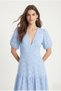 Women's Priya Fisto Embroidered Lined V-Neck Short Sleeve Long Woven Blue Dress - 3