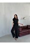 Black Elastic Waist Shirt Collar Tencel Fabric Long Jumpsuit - 2