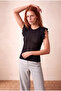 Women's Black Jacquard Knitted Regular Fit Crew Neck Ruffle Short Sleeve Blouse Telma