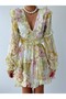 Women's Floral Print Backless Flounce Detailed Chiffon Mini Dress V-Neck Long Sleeve Summer Dress - 4
