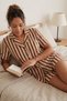Milk Coffee Brown Striped Short Sleeve Women's Pajama Set with Shorts, Stripe Pattern Pajama Set