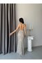 Beige Waist-Tied Long Evening Dress with Straps - 7