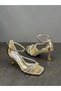 Gold Metallic Stone Heeled Women's Shoes - 7