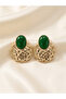 Green Oval Stone and Gold Color Forged Pattern Metal Earrings