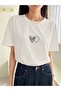 Women's Minimal Heart Printed Crew Neck Oversize Casual Black White Blue T-Shirt - 3