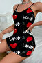 Love patterned black satin nightgown - 3