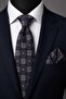 Navy Blue Brown Motif Pattern Classic Tie with Handkerchief Kk13766