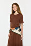 Short Sleeve Knitted Long Cotton Dress - Brown - 5